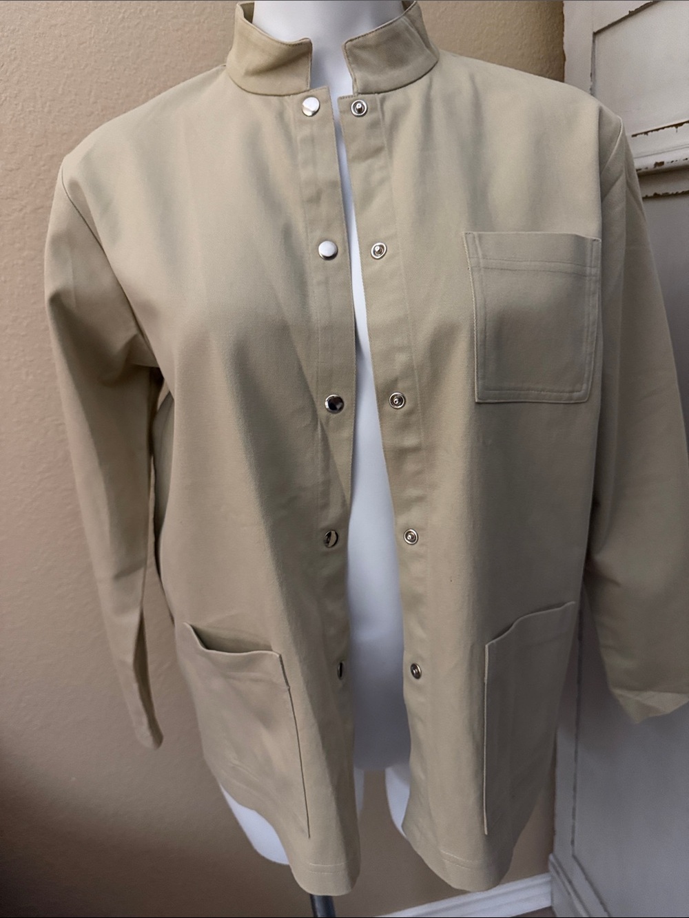 Eileen Fisher Light Beige Stand-Collar Snap Jacket